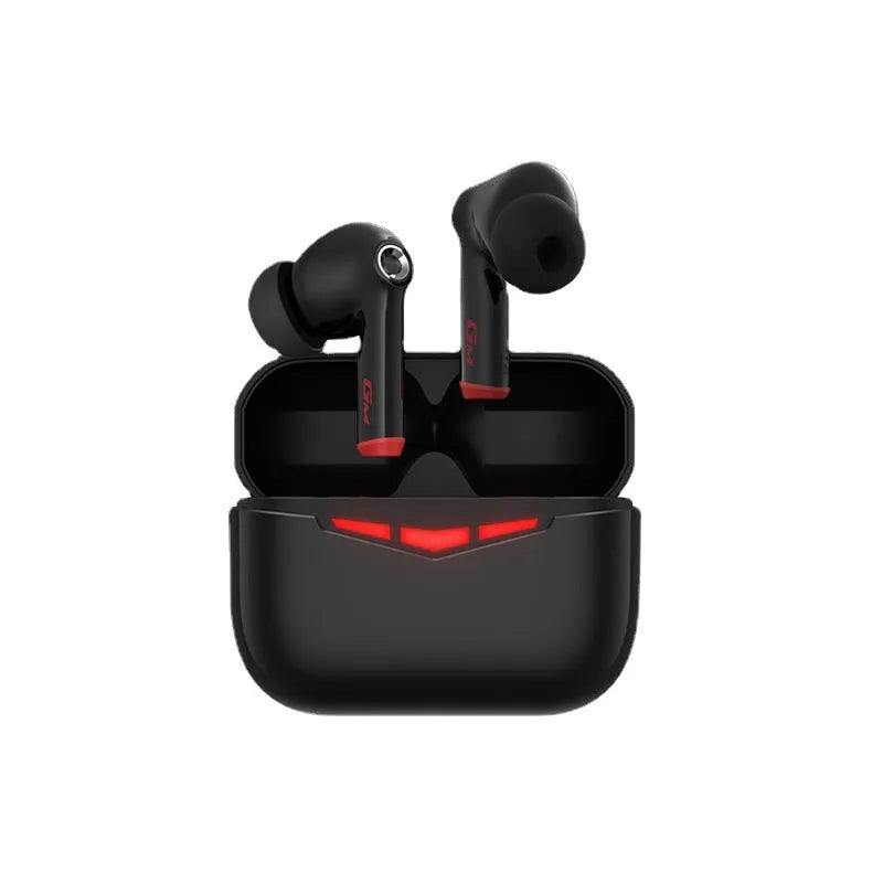 Black true wireless gaming earbuds with charging case and three pairs of silicone ear tips on a grey background.