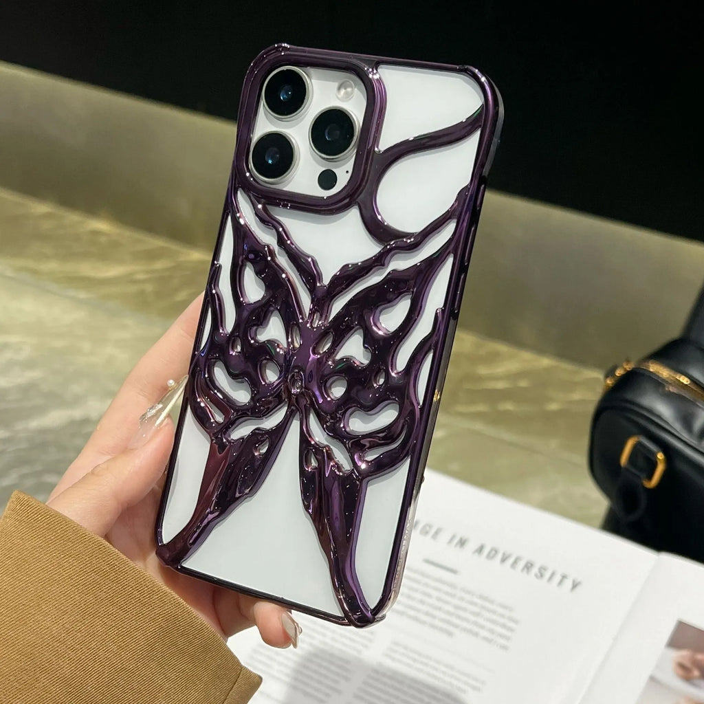 Apple iPhone 16 Pro TPU phone case with electroplated hollow 3D butterfly design in silver, showing full coverage fit