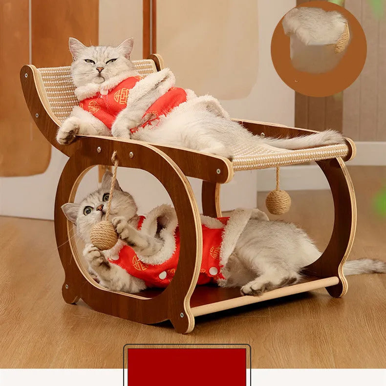 Solid wood rectangular cat scratching mat with natural sisal rope top, shown in a light wood finish.