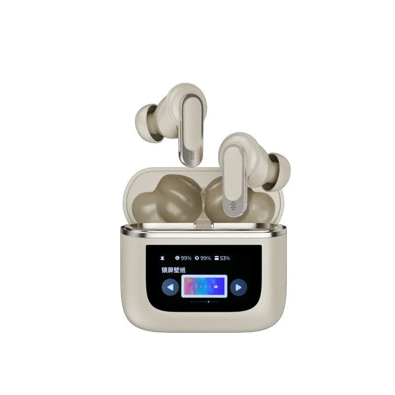 Black in-ear Bluetooth headset with touch screen interface and active noise cancellation