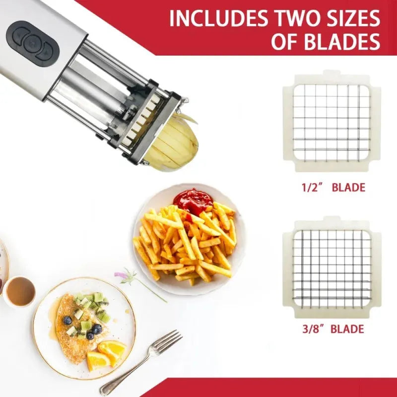 Black electric French fry cutter machine with stainless steel blades on a kitchen counter.