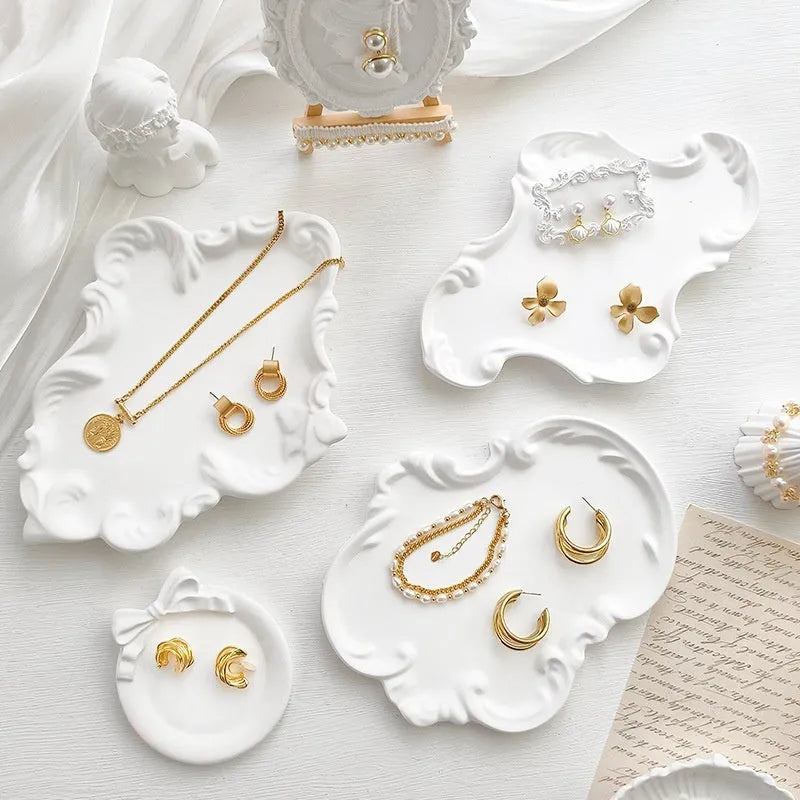 European Baroque gypsum jewellery display plate with decorative tray in multiple size options
