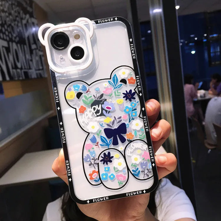 TPU phone case with painted cartoon bear and flower design in black and green for Apple iPhone