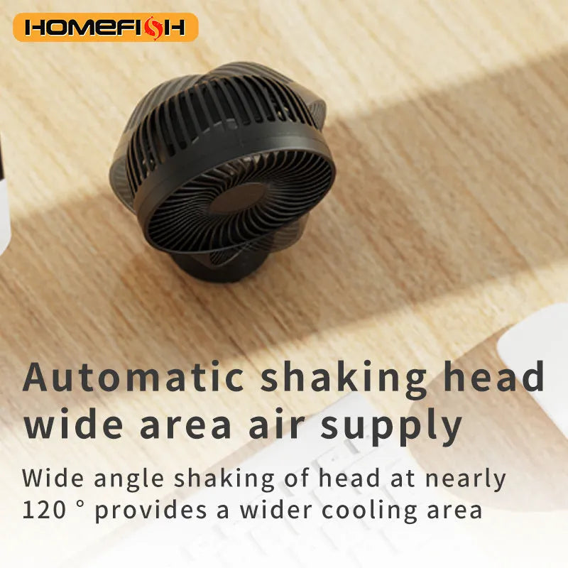 HOMEFISH F2 automatic head shaking portable fan with removable bracket and LED light on a table