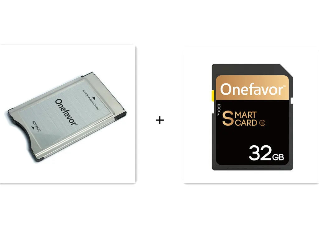 SD to PCMCIA adapter card with stainless steel housing and a 32GB SD card for Mercedes-Benz cars.