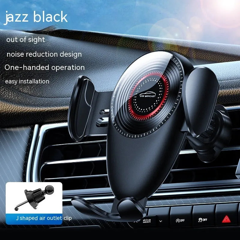 Black car phone bracket mounted on car air vent with mechanical support frame