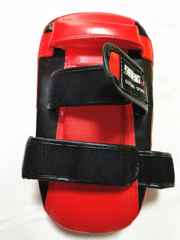 Black and red PU leather hand-held boxing training pad with buckle strap.