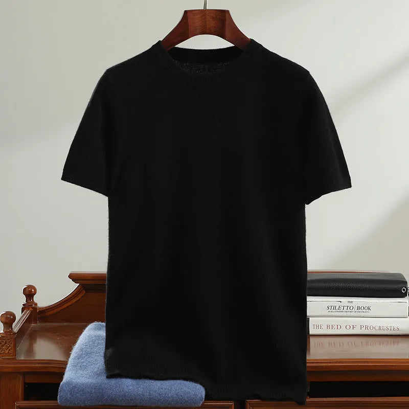 Men's round neck short sleeve sweater pullover in Calm Black, loose fit regular yarn knit