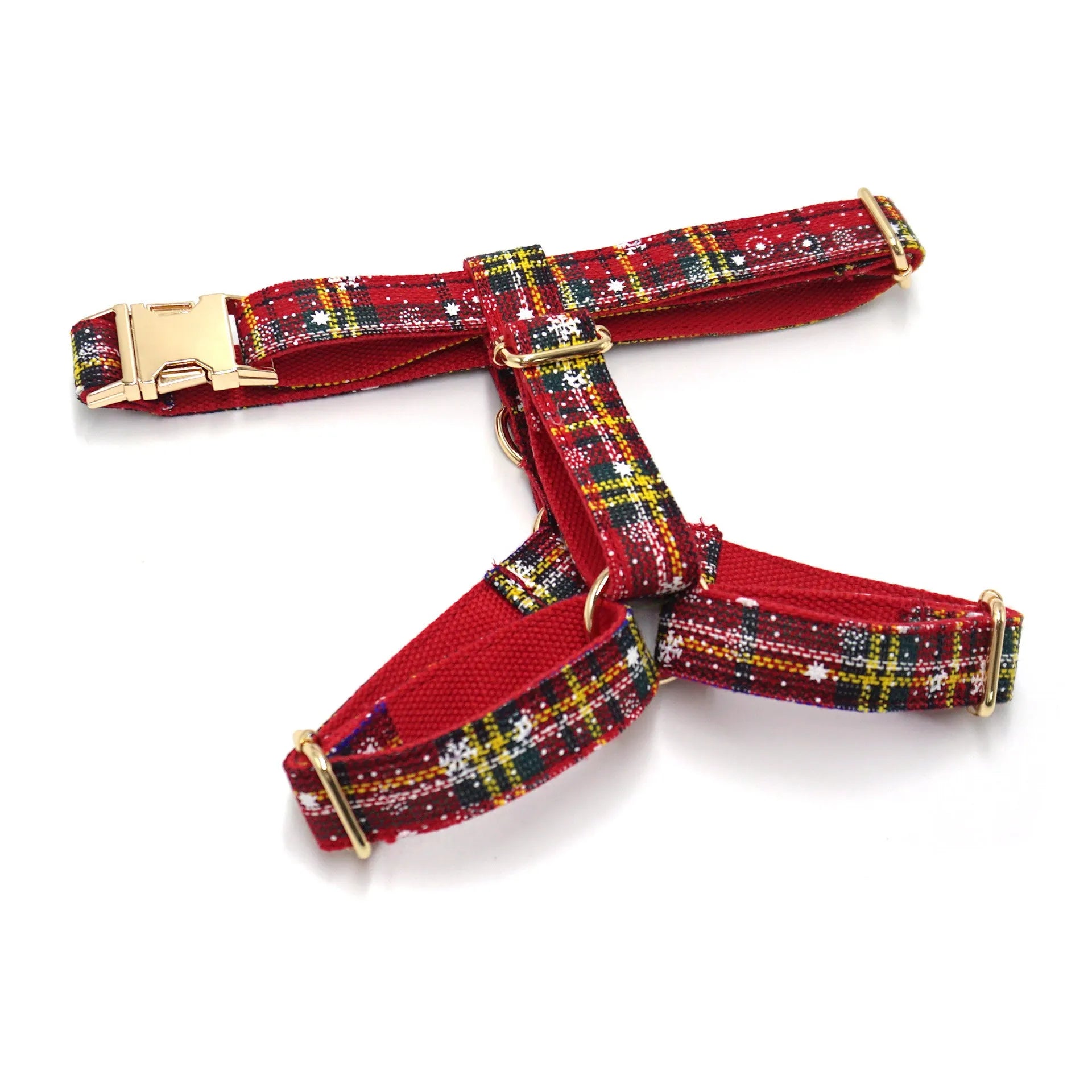 Red Christmas dog accessory set with collar, lead, bow, harness and waste bag in laser cut cloth