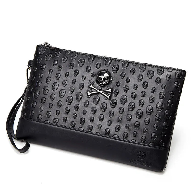 Retro men's and women's skull clutch bag in black/army green with geometric pattern and PU leather finish