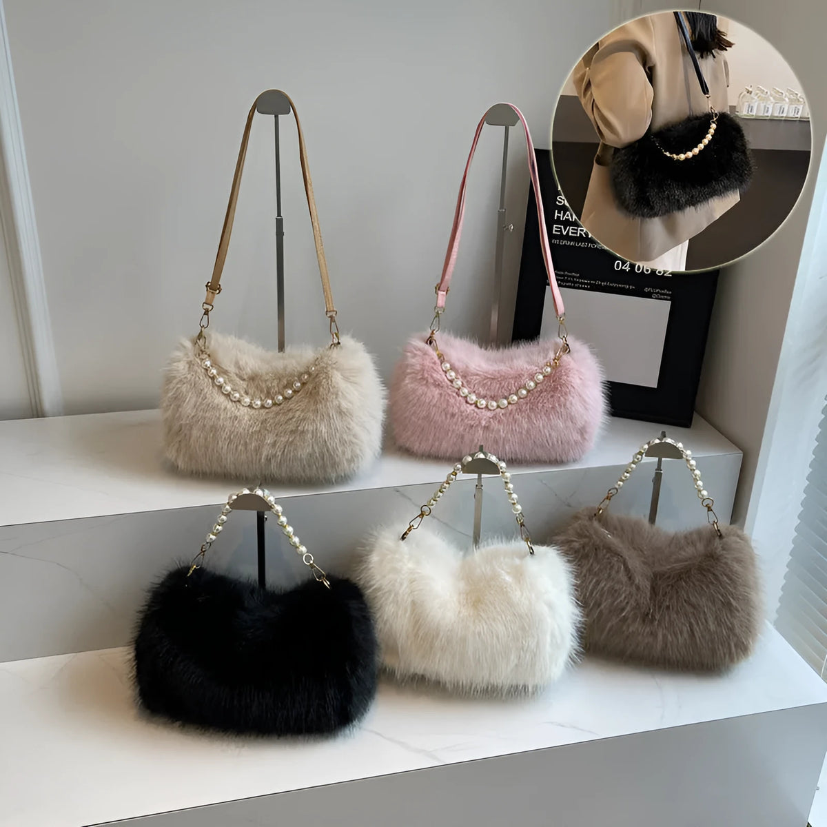 Plush shoulder bag with pearl chain, 27cm wide, shown in black for autumn winter commuting