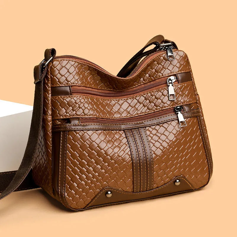 Brown PU leather messenger bag with multiple compartments and horizontal square shape