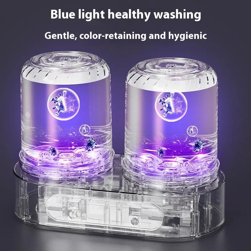 White Double Bucket Laundry Cup mini washing machine with two lids and a USB cable.