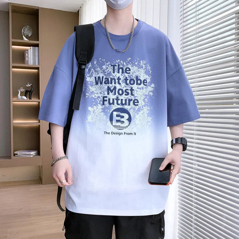 Boys dark blue printed T-shirt with Jacquard design and drop-shoulder short sleeves
