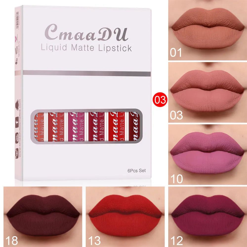 Six boxes of matte waterproof lip gloss with non-stick formula in compact packaging