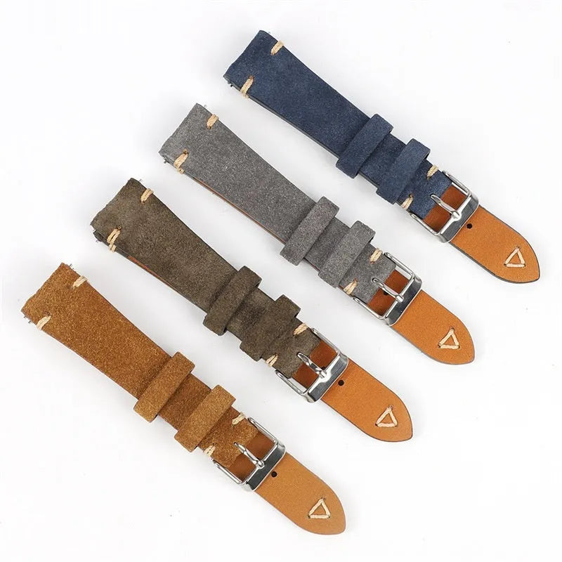 Genuine suede leather watch strap in army green with ethnic styling