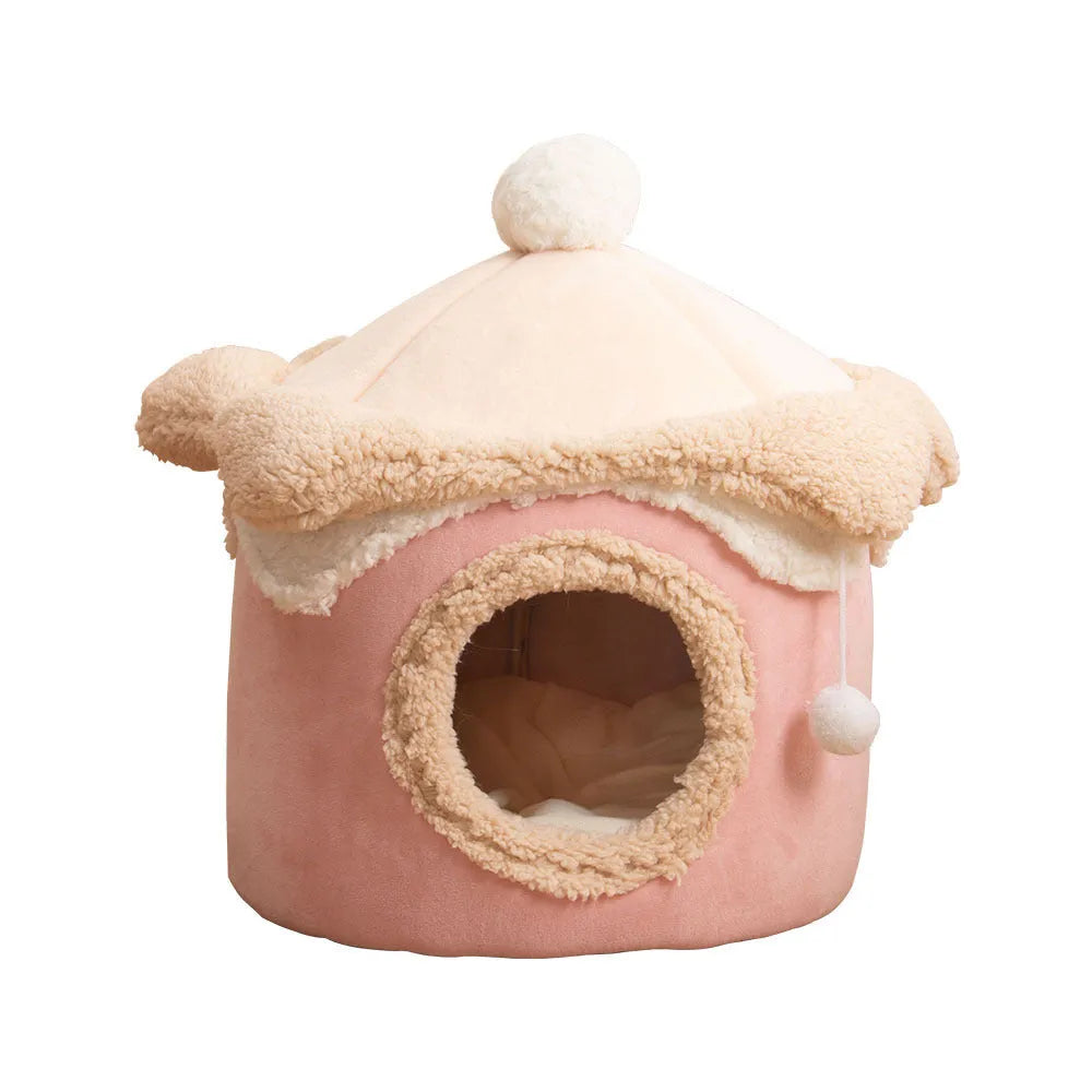 Ice cream house shaped dog pet house in pink with crystal velvet and pulled plush, M size 40×40 cm