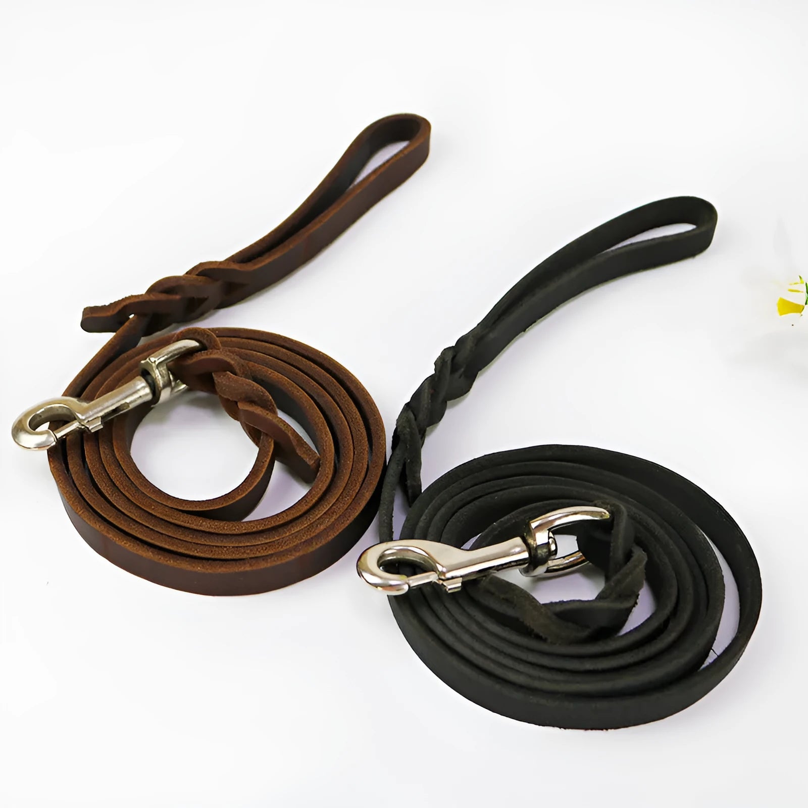 Leather dog walking rope in light brown colour with measurements showing 1.2cm width
