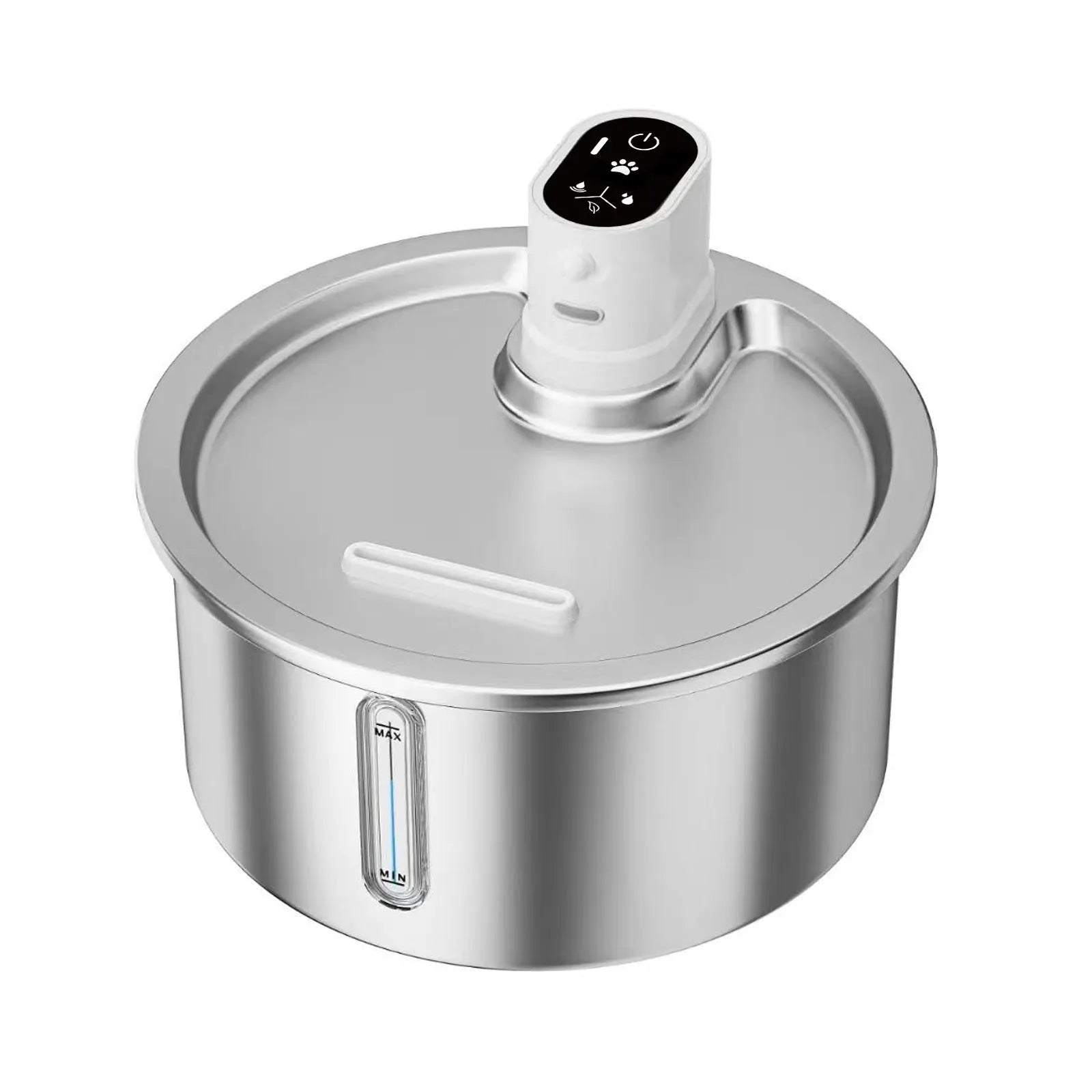 Stainless steel pet water fountain with temperature control base in black or white colour options