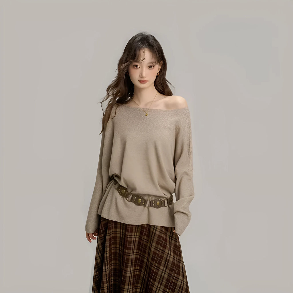 Oblique shoulder soft knit top for women in oatmeal colour with collarbone reveal detail