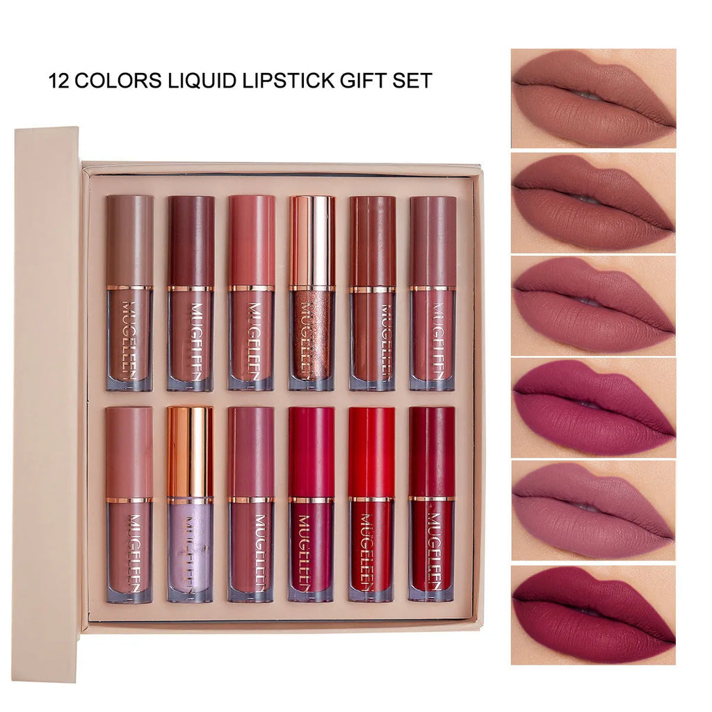 Matte shimmer lip glaze set with 12 colours featuring non-stick cup technology