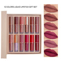 Matte shimmer lip glaze set with 12 colours featuring non-stick cup technology