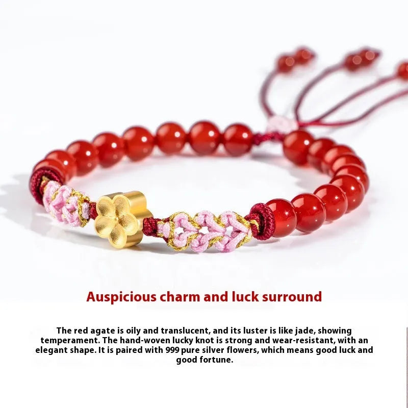 Chinese style hand-woven red rope bracelet with natural crystal peach blossom charms