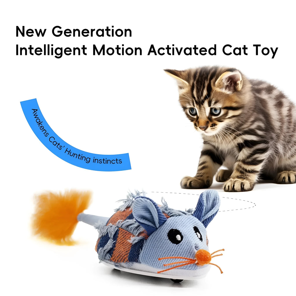 Blue electronic moving mouse cat toy with feather attachment showing 18cm size