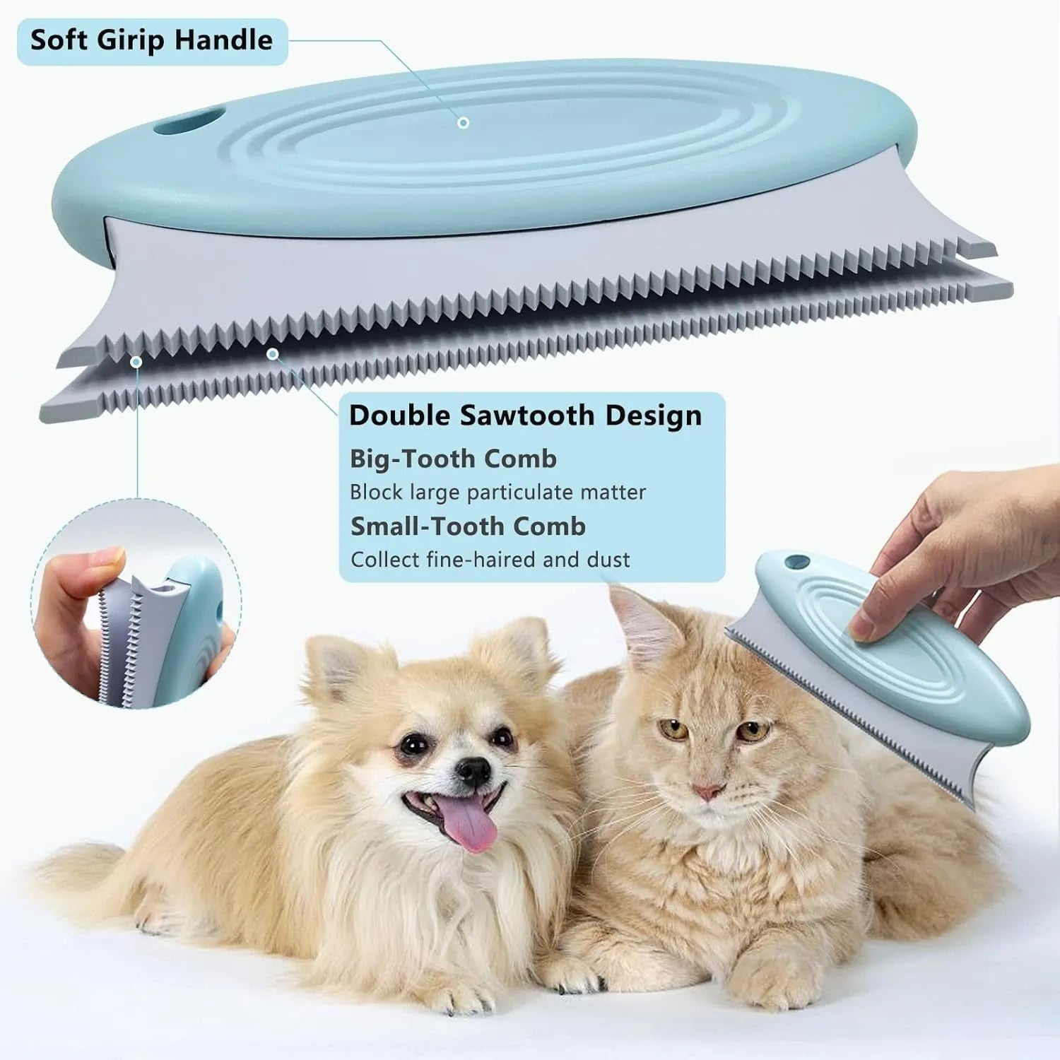 Green 3-piece pet hair remover set showing metal lint tool, silicone brush, and round cleaner for sofas and cars.