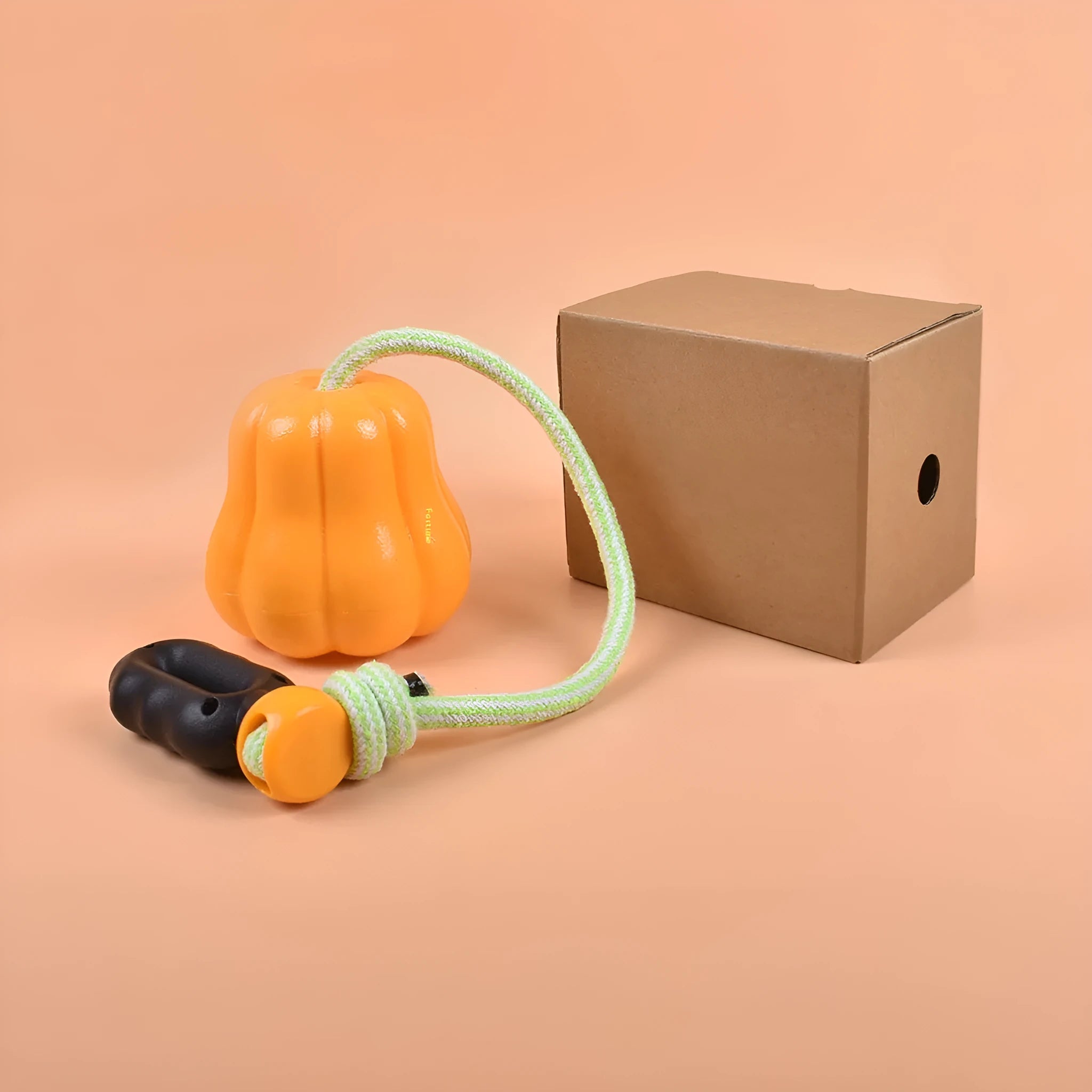 Orange pumpkin-shaped plastic dog chew toy with a blue rope attached for tug and fetch games.