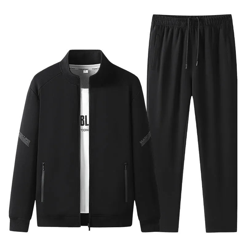 Men's black knit cotton plus size tracksuit set with jacket and trousers for spring autumn wear