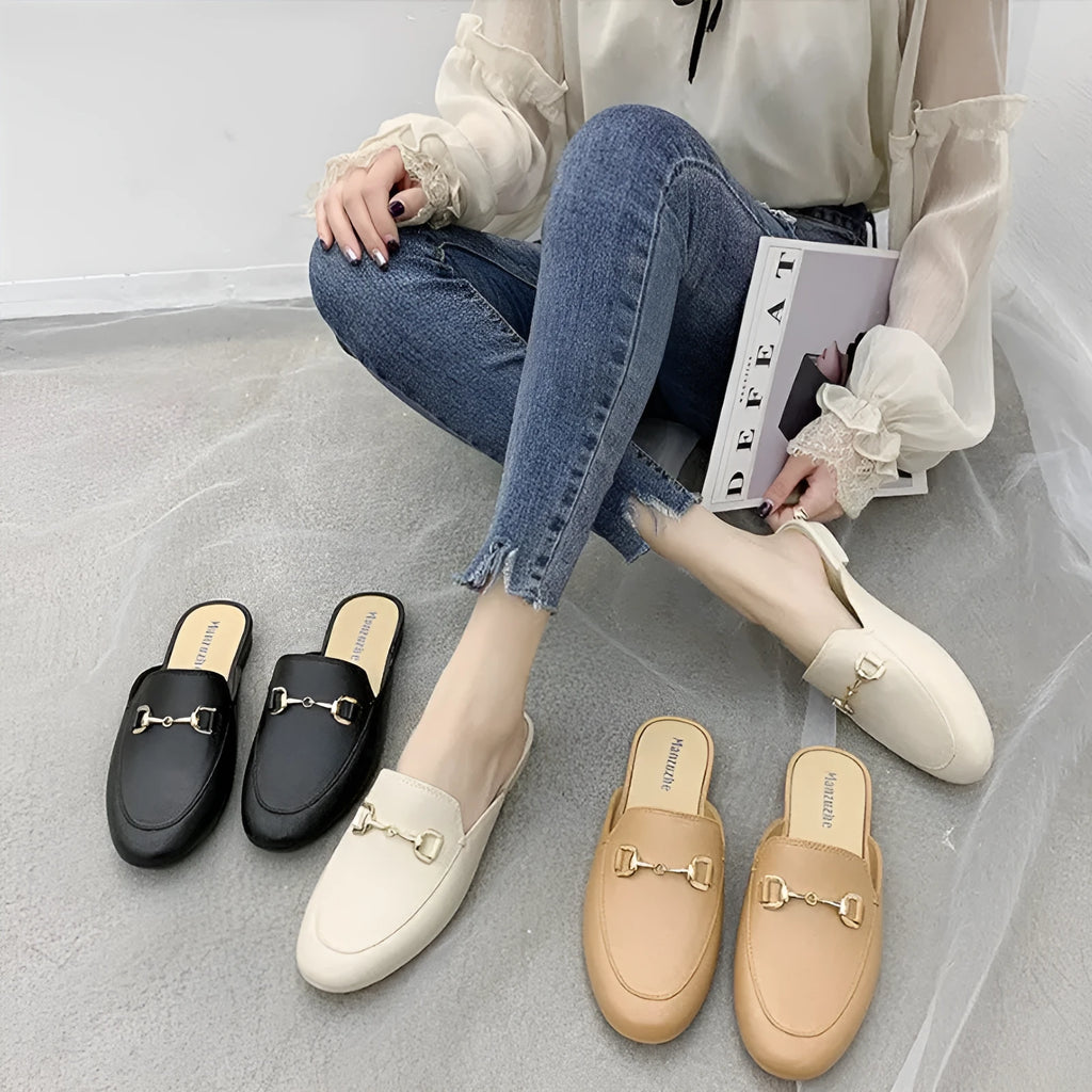 Women's PVC closed toe half slippers in various buckle styles and colours