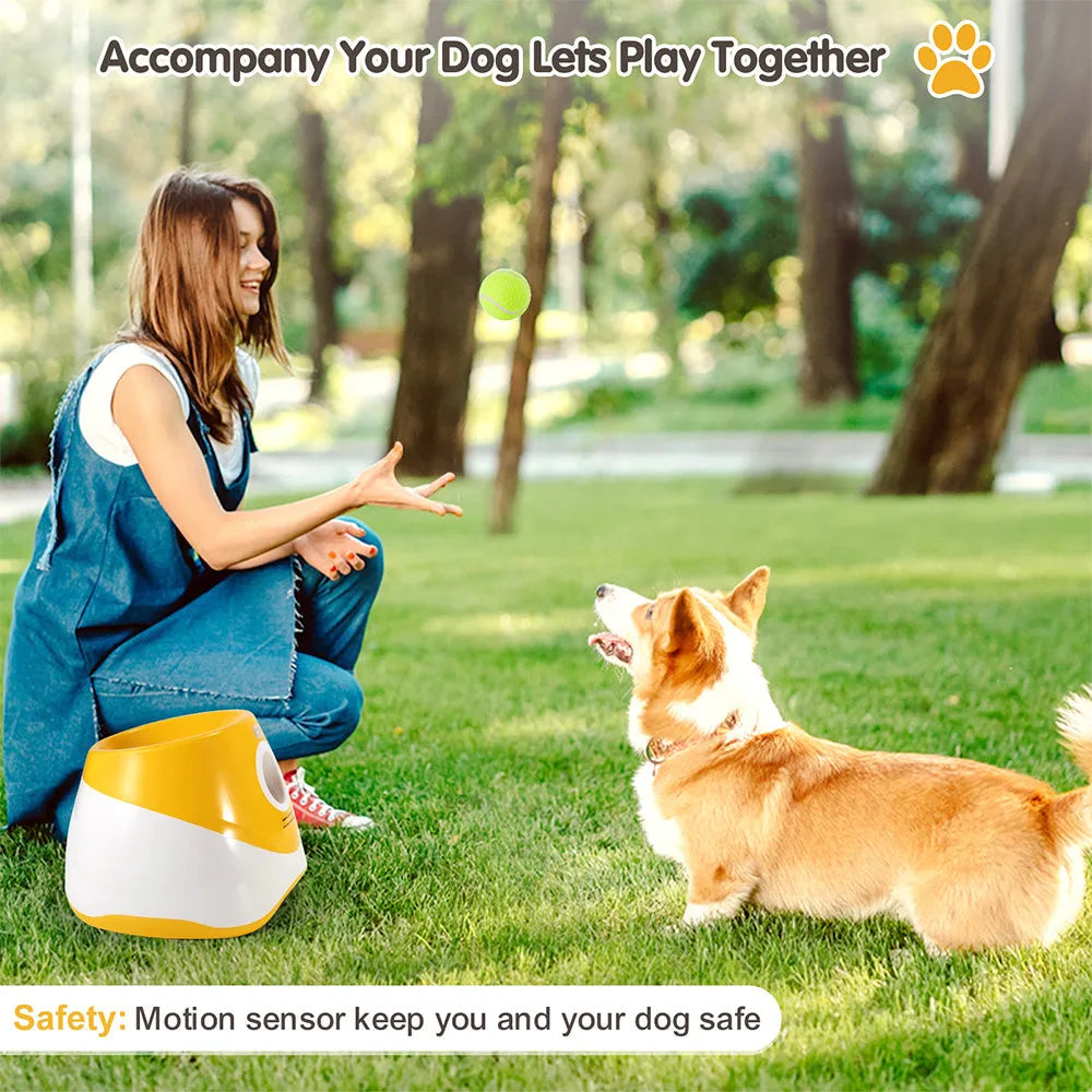 Automatic dog ball launcher in green and yellow for outdoor fetch play
