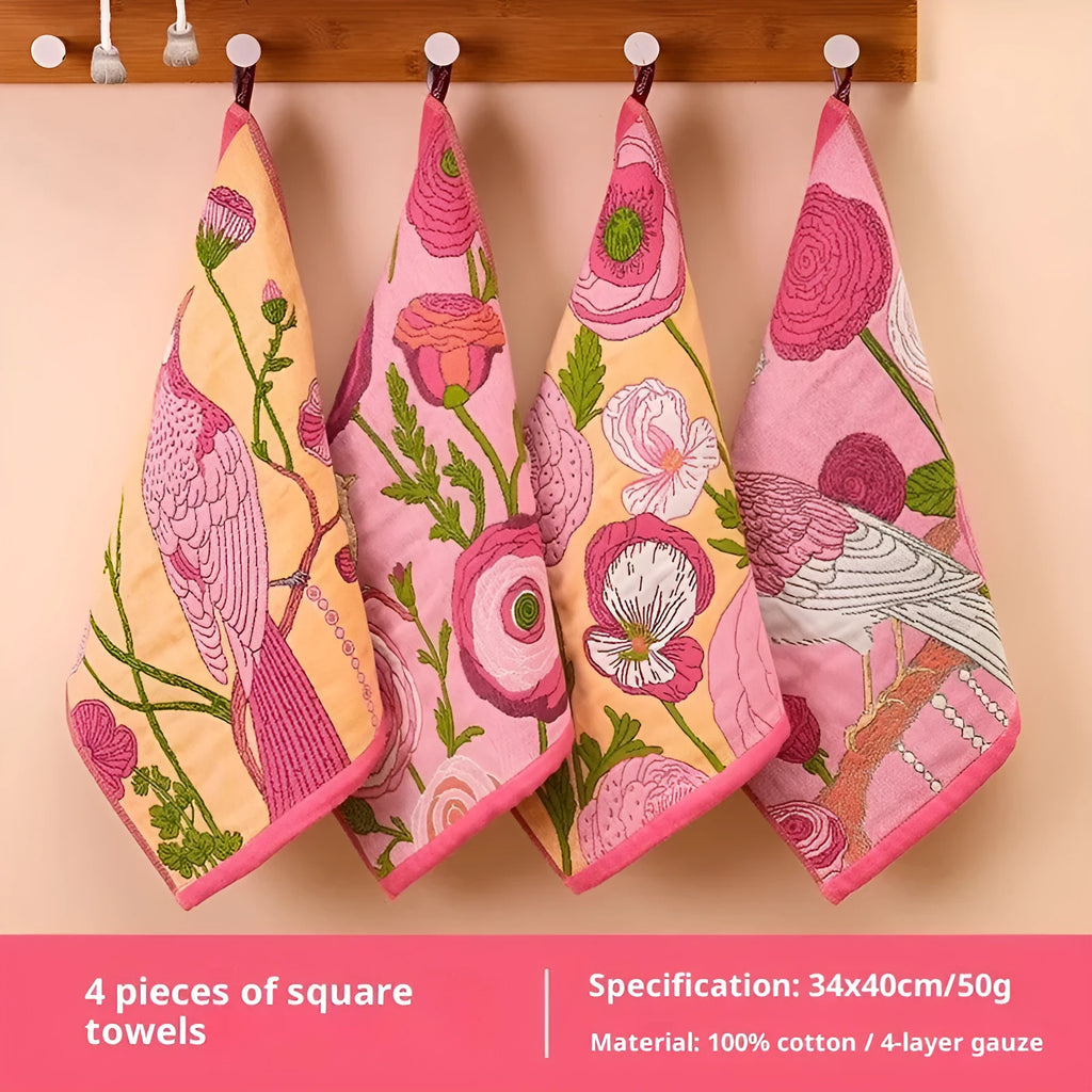 Class A pure cotton gauze square towel 40x34cm multipack with printed colour patterns on white background