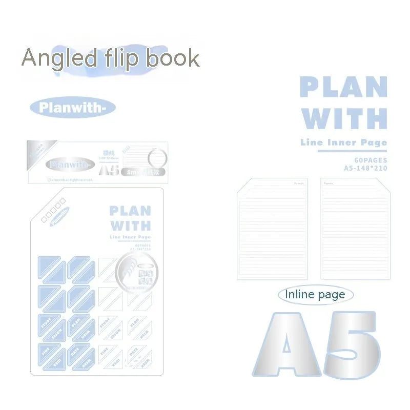 Oblique Angle artsy style A5 and B5 softcover notebooks with plaid, blue, and white cover options.