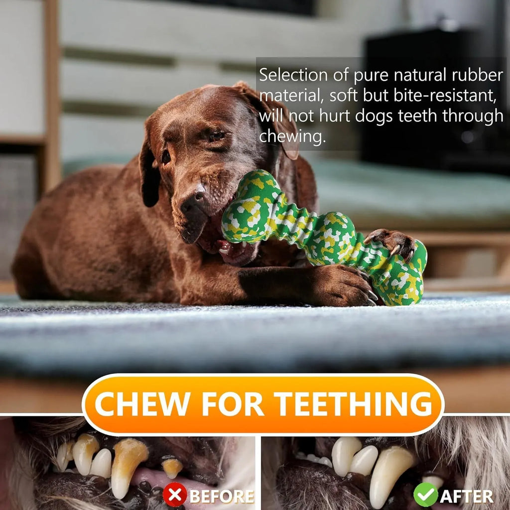 Natural rubber bone-shaped dog chew toy in camouflage pattern for large breed aggressive chewers.