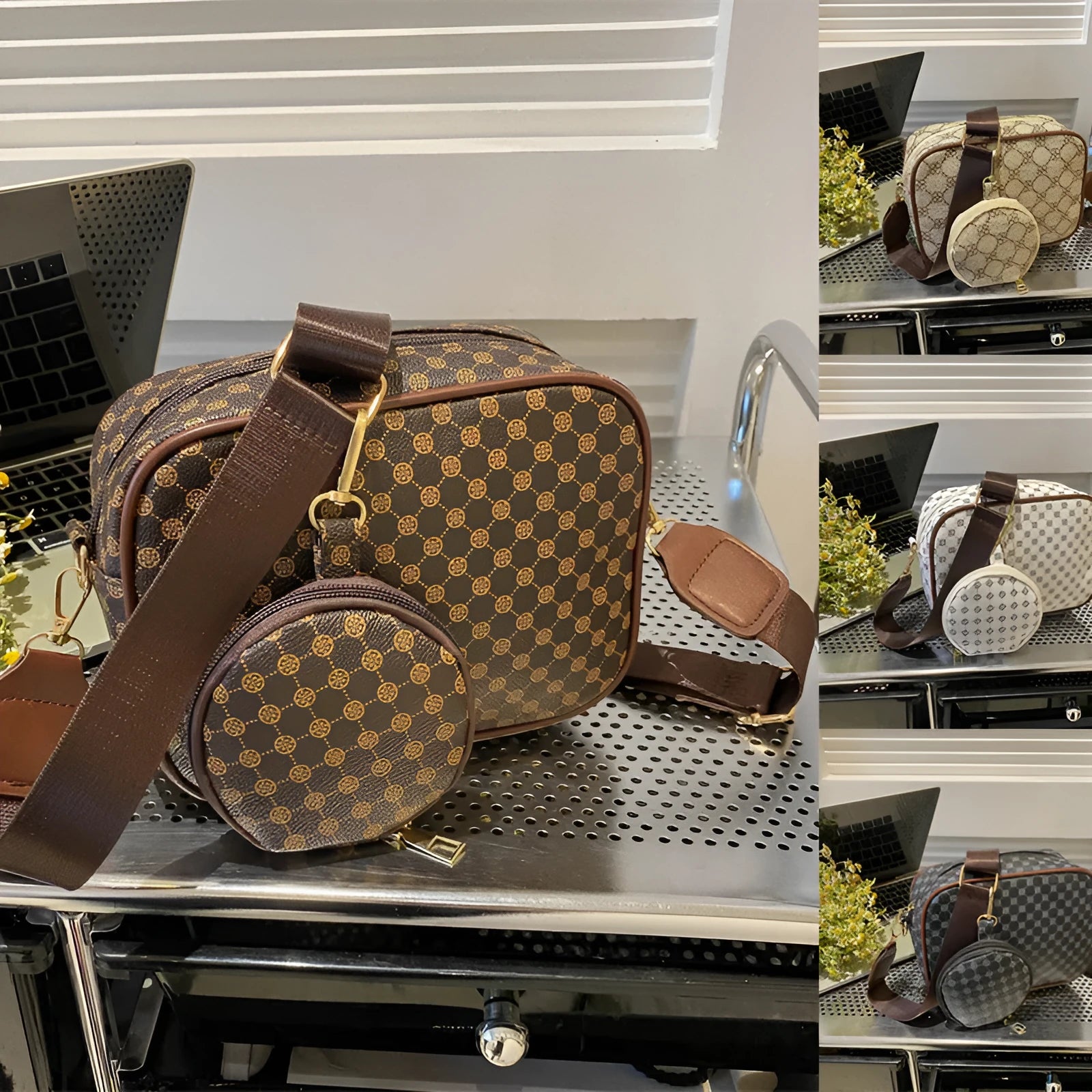 Vintage plaid pattern PU crossbody bag with small pouch in khaki colour, horizontal square shape, single shoulder strap