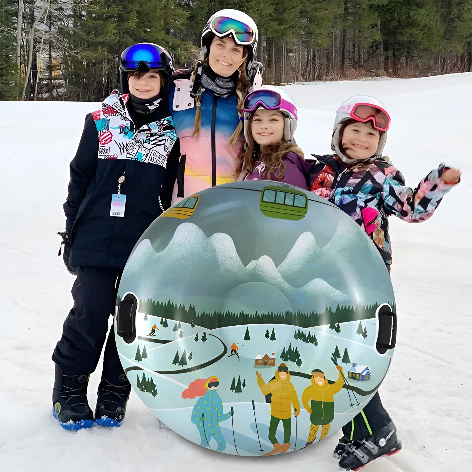 A colourful printed PVC plastic ski ring toy on a winter background.