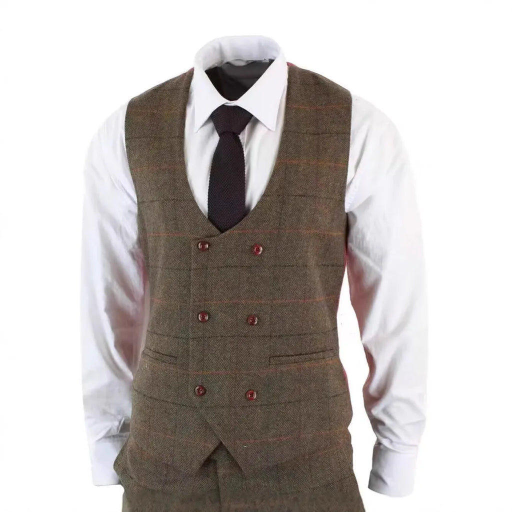Men's brown plaid three-piece suit set with coat, vest and trousers, slim fit cotton blend, sizes XS to 6XL