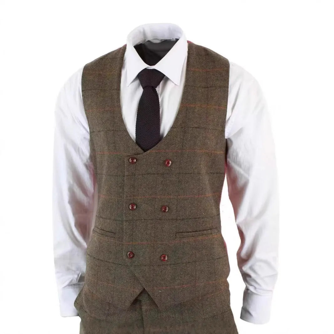 Men's brown plaid three-piece suit set with coat, vest and trousers, slim fit cotton blend, sizes XS to 6XL