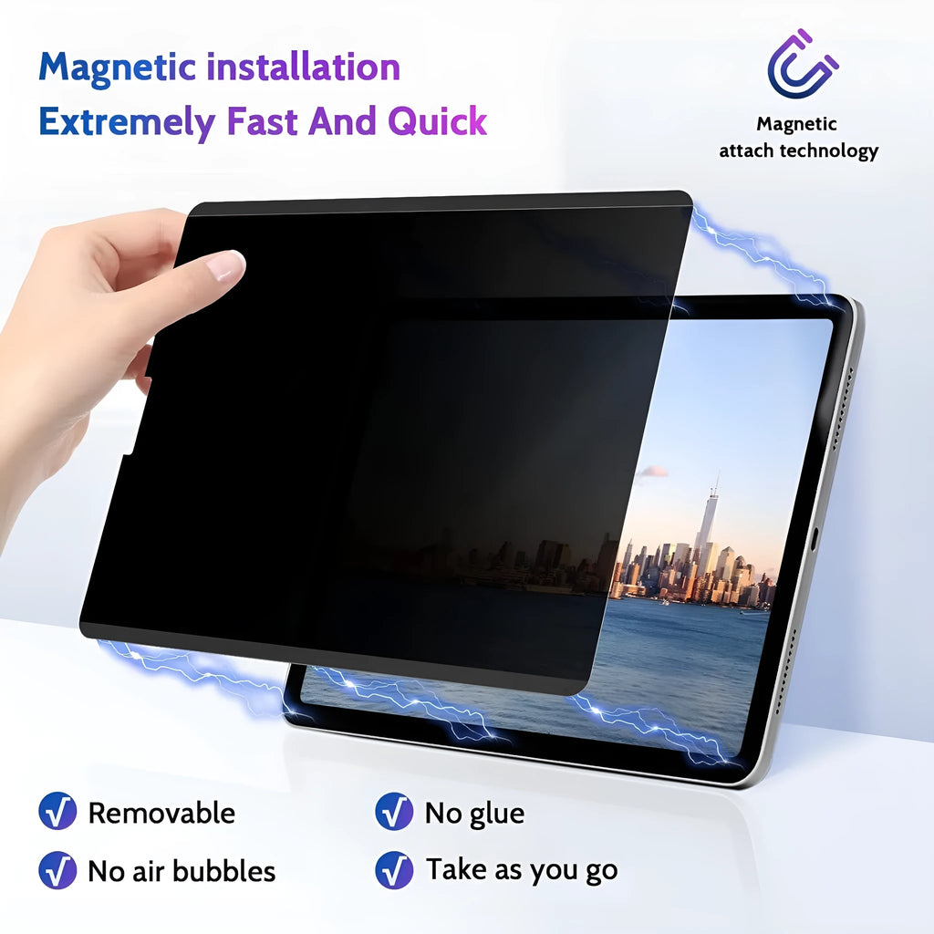 Magnetic suction iPad privacy screen protector film with storage clip on an iPad Pro.