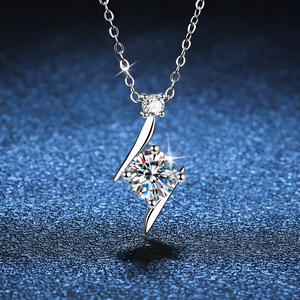 S925 sterling silver clavicle necklace with geometric lightning pendant and 1 carat moissanite or high carbon stone