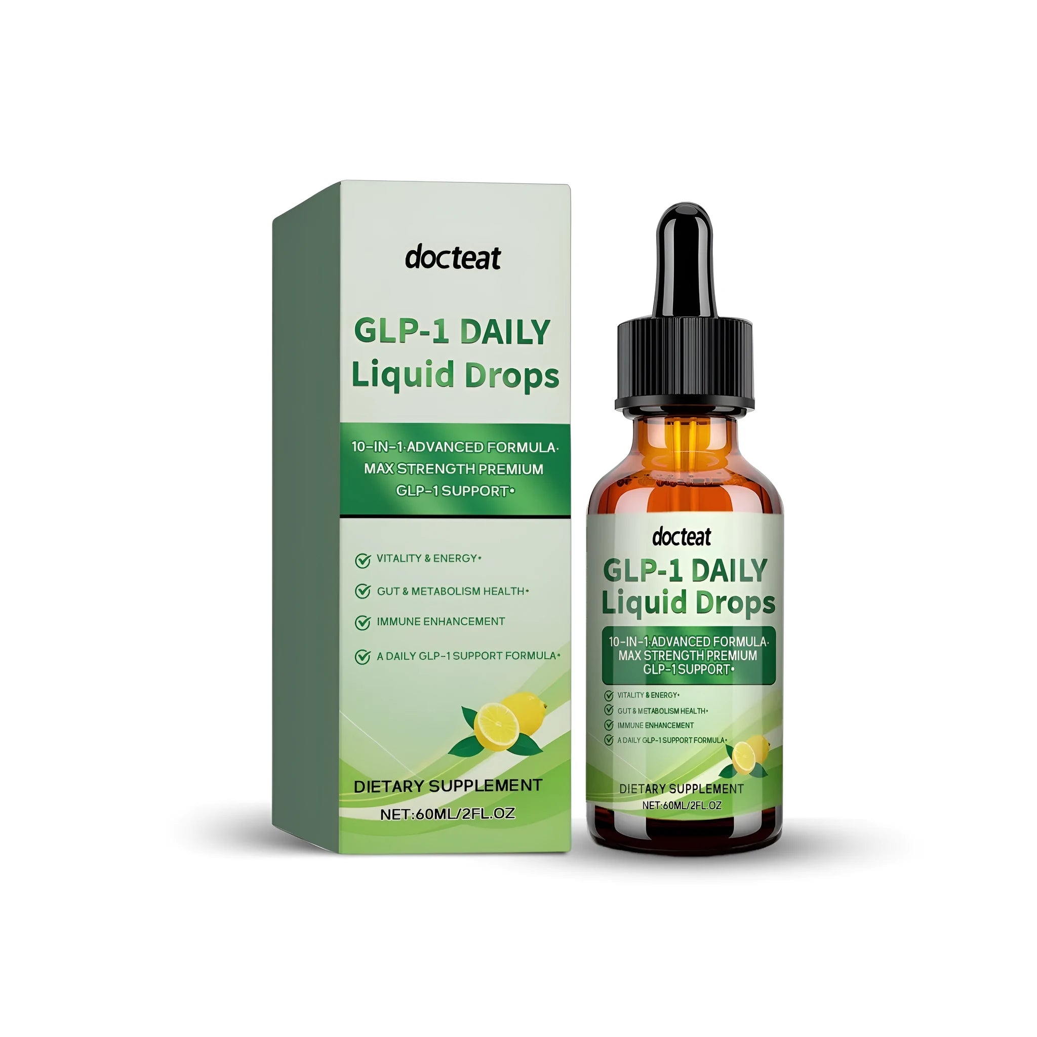 60ml bottle of GLP-1 daily liquid dietary supplement with dropper, containing berberine hydrochloride and green tea extract