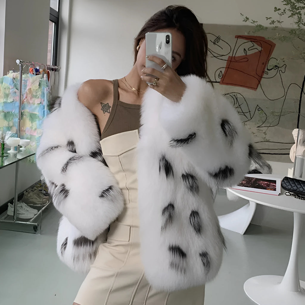 Black and white women's plus size short faux fur coat with regular sleeves