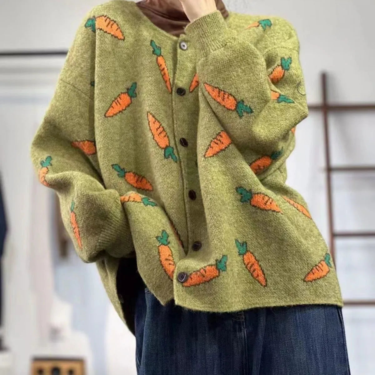 Mori artistic print loose cardigan sweater in viscose, shown in picture colour.