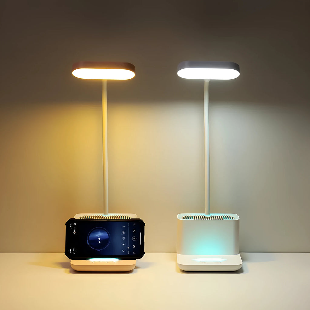 Negative ion air purifier desk lamp with plastic shade, push button switch, LED light, in white or pink