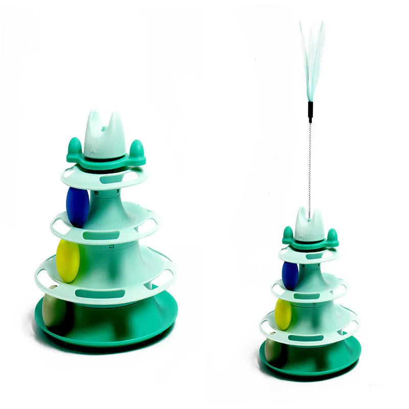 Cat toy space tower play board with PP turntable and funny cat stick in green or pink