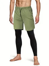 Polyester fibre fitness training running cycling bottoming pants in Army Green, loose fit, side view on mannequin