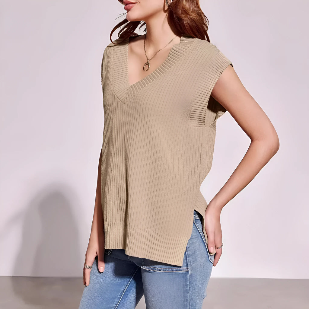Women's V-neck sleeveless vest in thin viscose fabric with striped pattern, loose fit