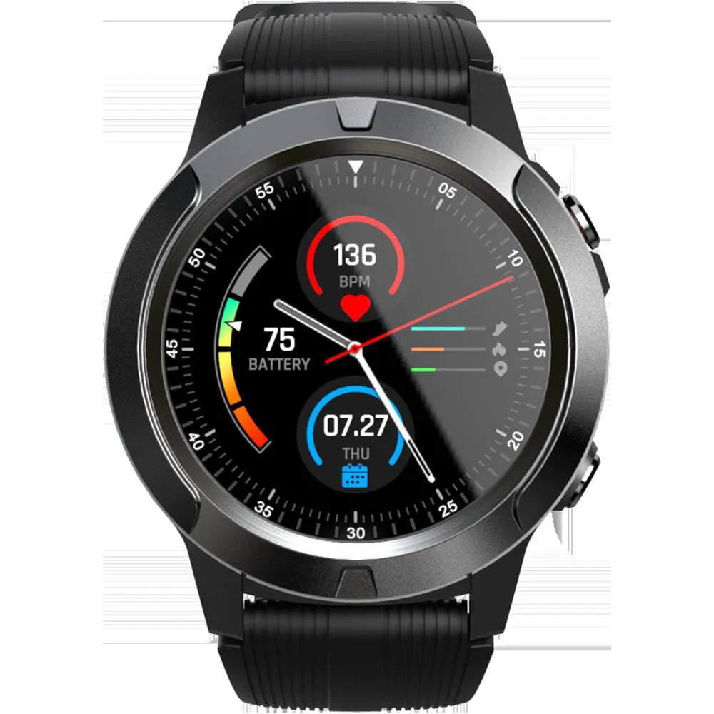 Black men's smart watch with 1.3 inch screen showing fitness metrics